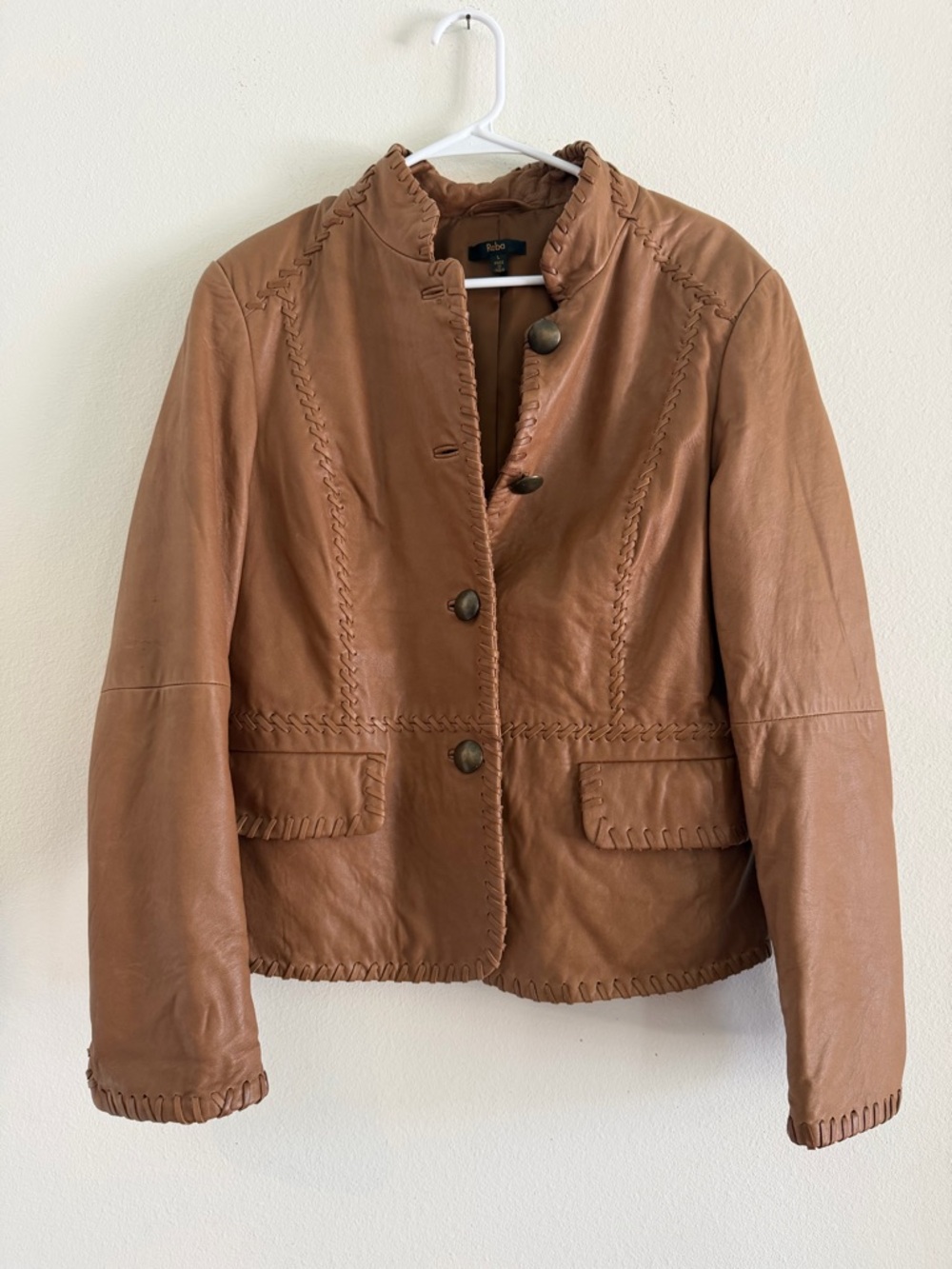 Reba Brown Genuine Leather Button-Front Jacket with Stitching Size L